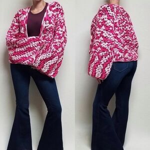 OOAK Handmade Fuschia Hexagon Crochet Knit Granny Square Bell Sleeve Cardigan